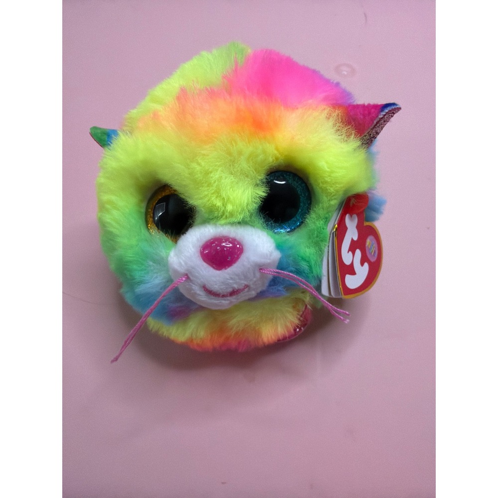 Ty Puffies Gizmo Cat Rainbow Tie‎ Dye Plush Stuffed Animal Glitter Eyes Round 3"